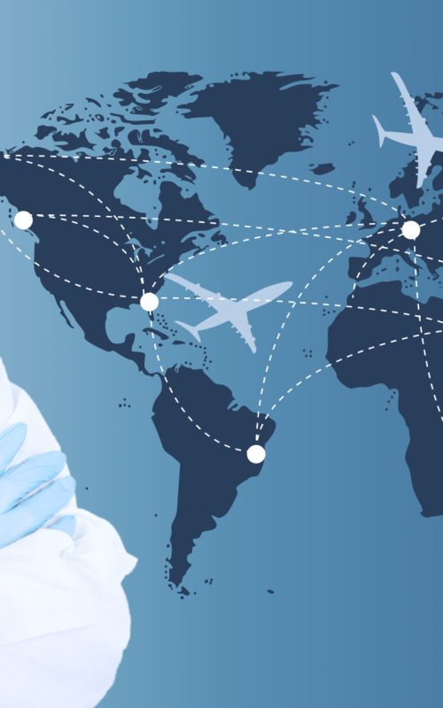 Doctor in a white medical coat in a protective mask and gloves on the background of the world map with airplanes. Medical tourism and travel concept. High quality photo